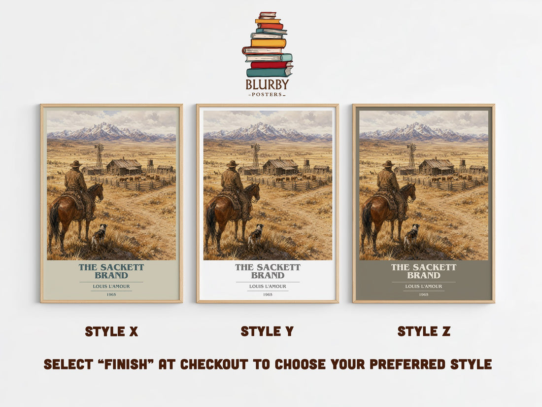 The Sackett Brand book cover print in frame leaning in hallway – adventure wall art (mockup)