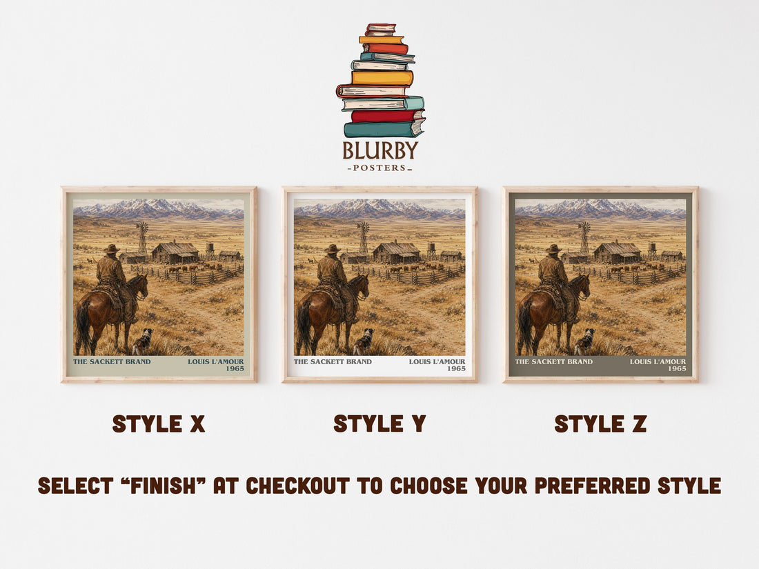 The Sackett Brand literary print in frame leaning in hallway – adventure wall art (mockup)