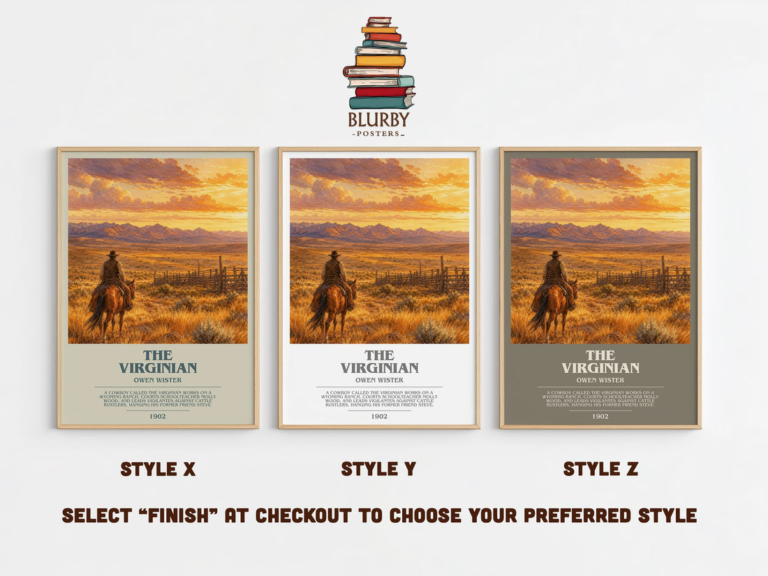 The Virginian bookish print in frame leaning in hallway – adventure wall art (mockup)