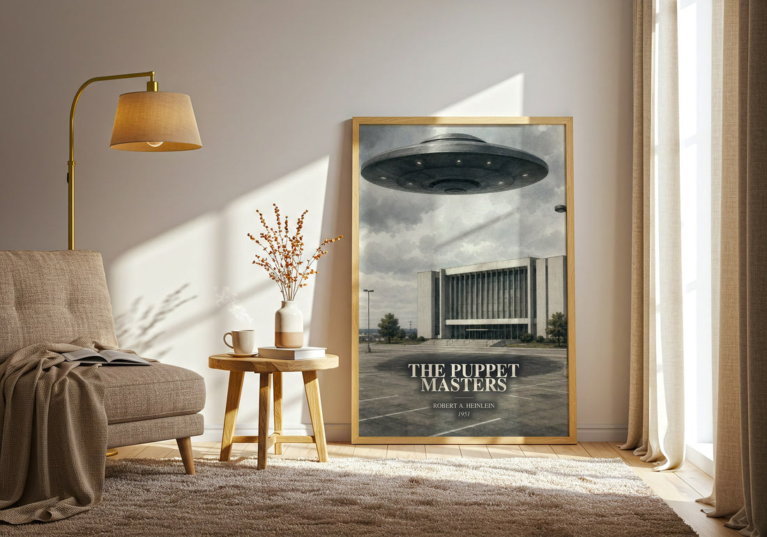 The Puppet Masters watercolour print in frame leaning in hallway – sci fi wall art (mockup)