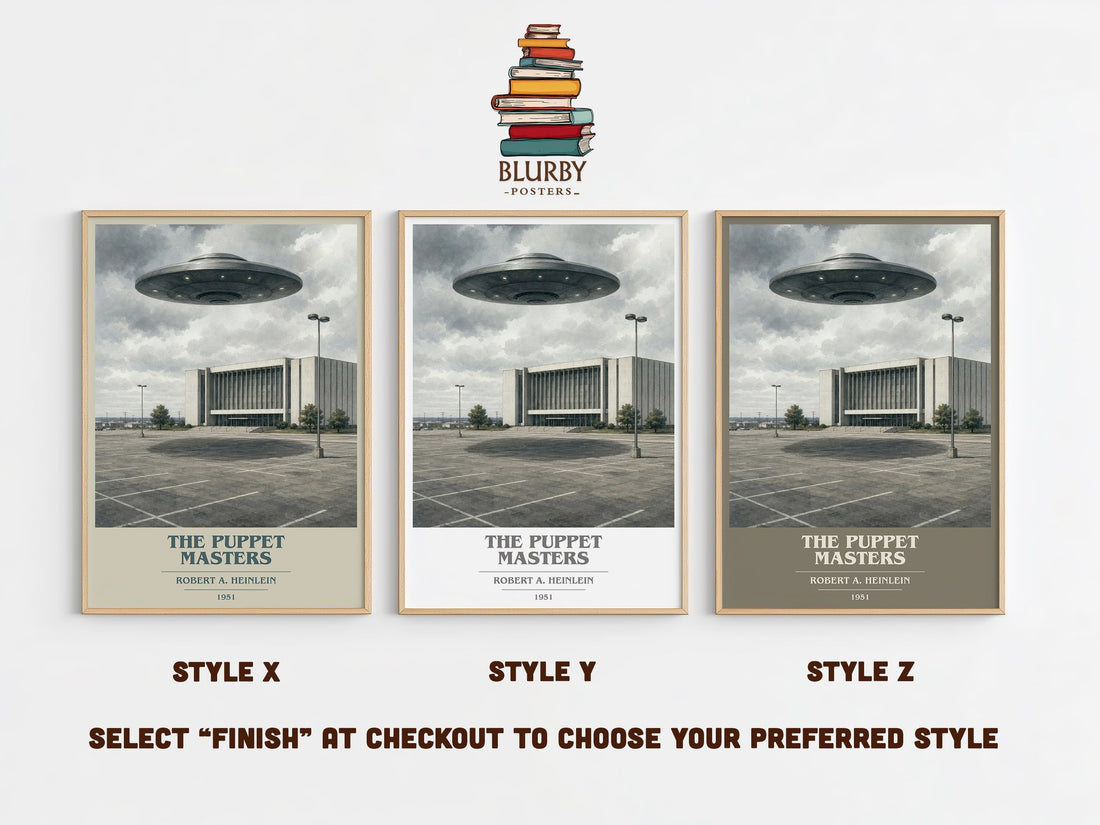 The Puppet Masters book cover print in frame leaning in hallway – sci fi wall art (mockup)