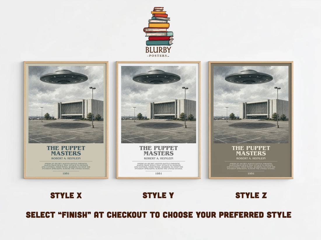 The Puppet Masters bookish print in frame leaning in hallway – sci fi wall art (mockup)