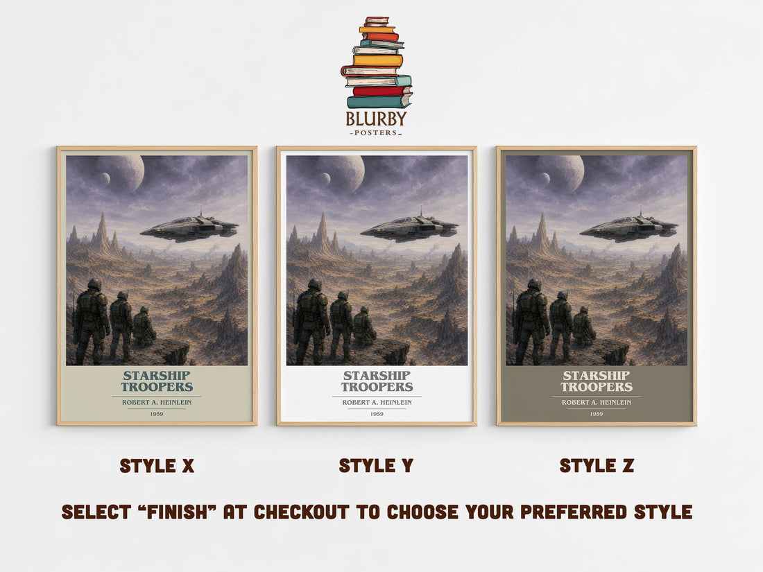 Starship Troopers book cover print in frame leaning in hallway – sci fi wall art (mockup)