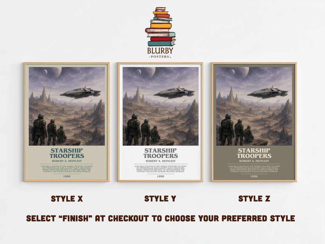 Starship Troopers bookish print in frame leaning in hallway – sci fi wall art (mockup)