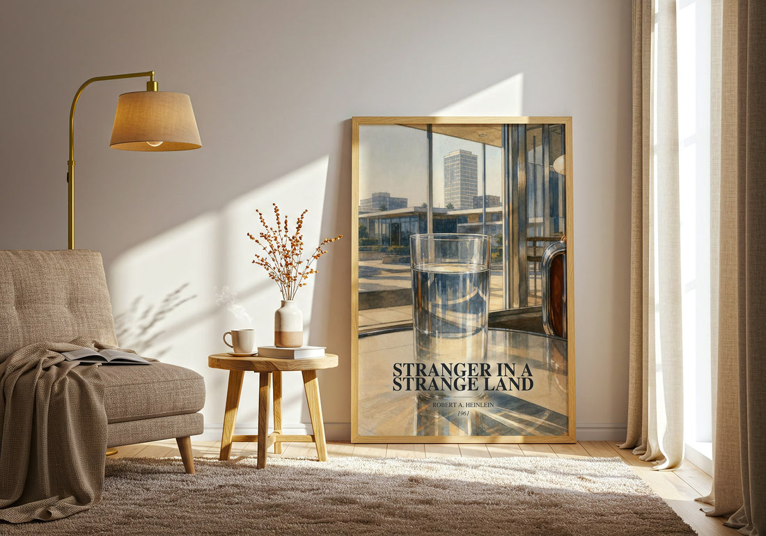 Stranger in a Strange Land watercolour print in frame leaning in hallway – sci fi wall art (mockup)