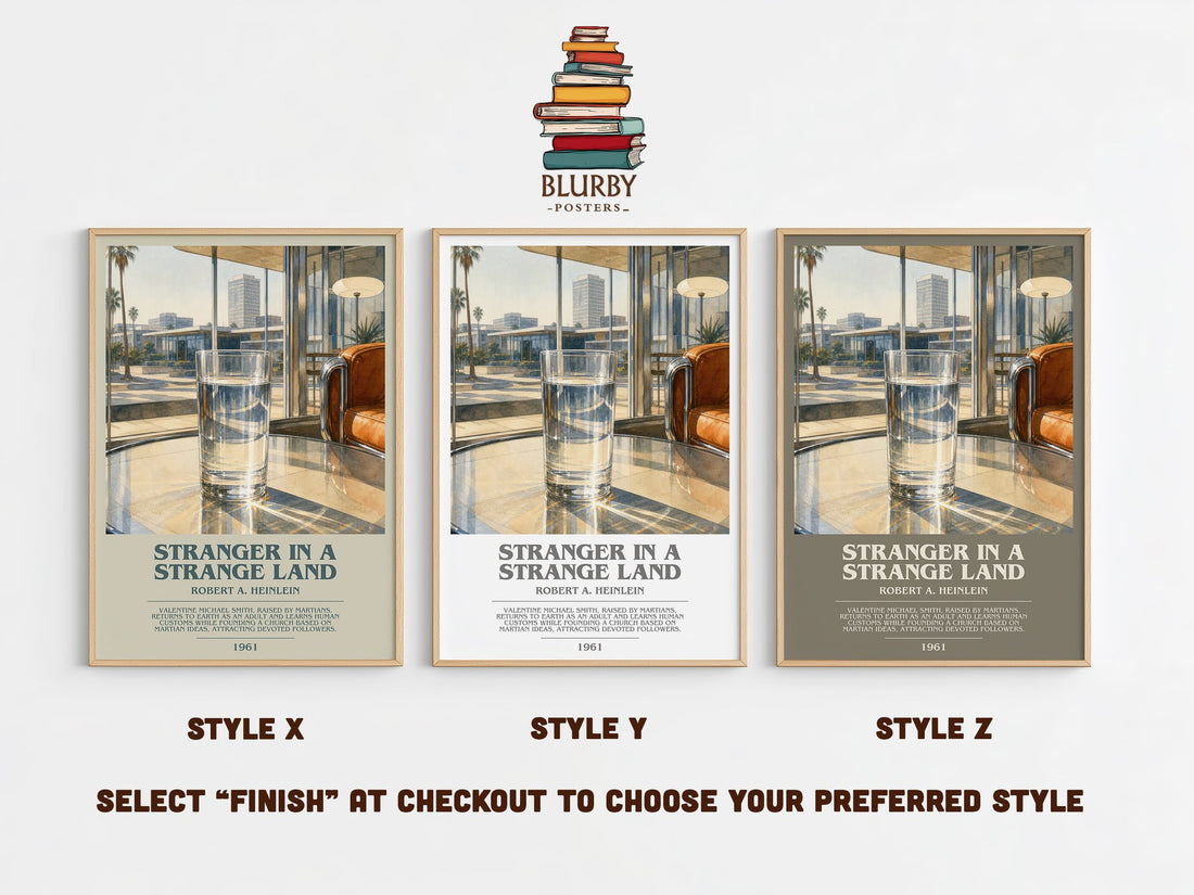 Stranger in a Strange Land bookish print in frame leaning in hallway – sci fi wall art (mockup)
