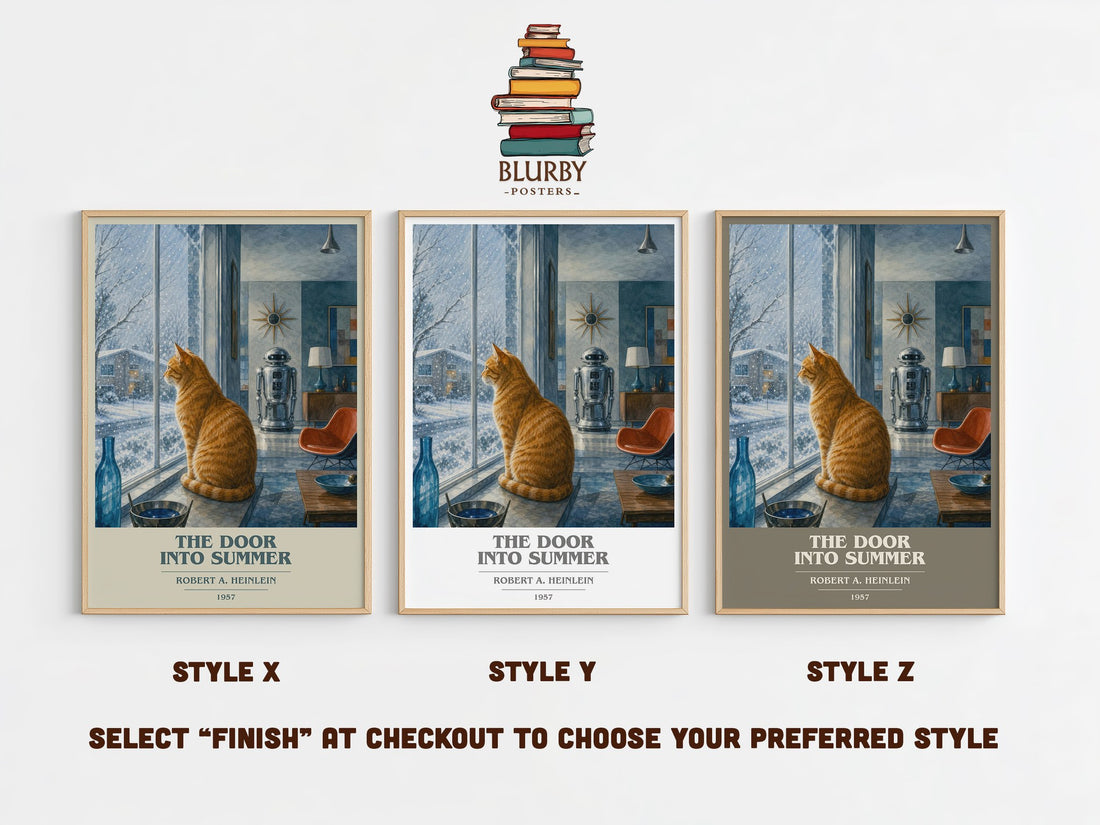 The Door into Summer book cover print in frame leaning in hallway – sci fi wall art (mockup)