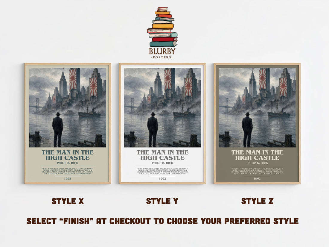 The Man in the High Castle bookish print in frame leaning in hallway – sci fi wall art (mockup)