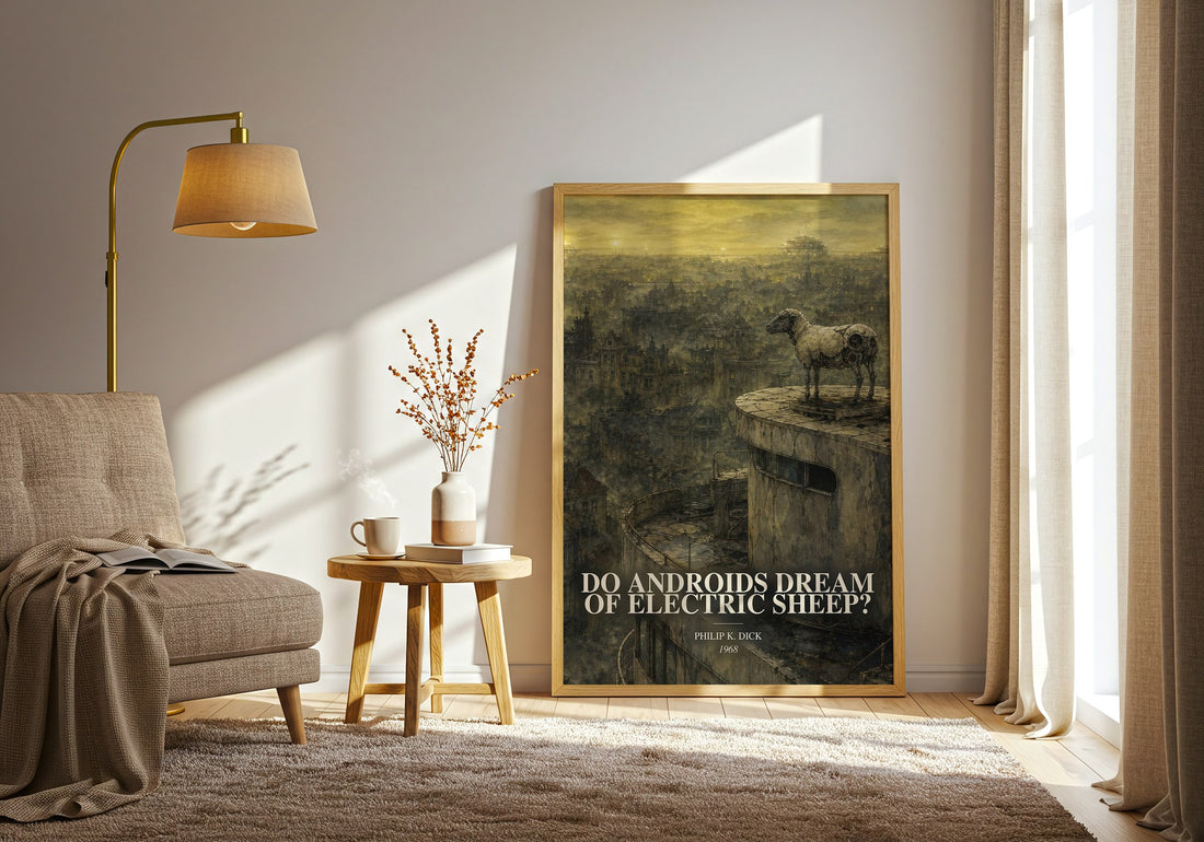 Do Androids Dream of Electric Sheep? watercolour print in frame leaning in hallway – sci fi wall art (mockup)