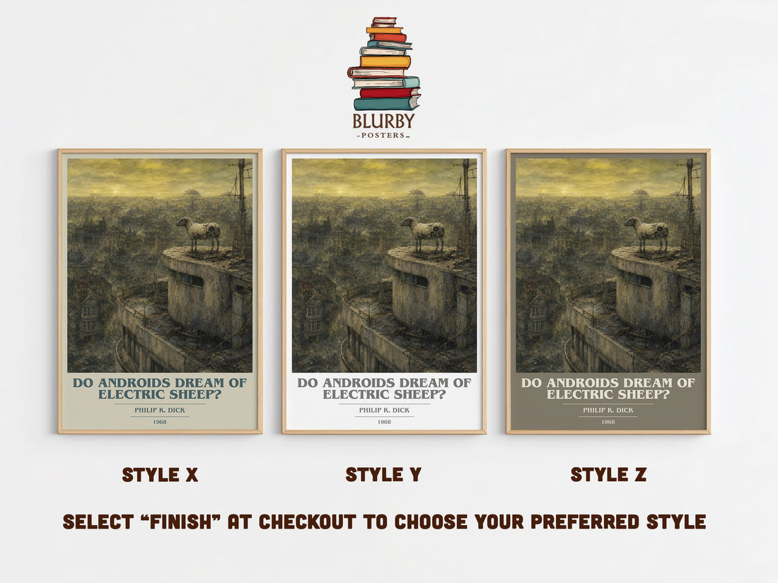 Do Androids Dream of Electric Sheep? book cover print in frame leaning in hallway – sci fi wall art (mockup)