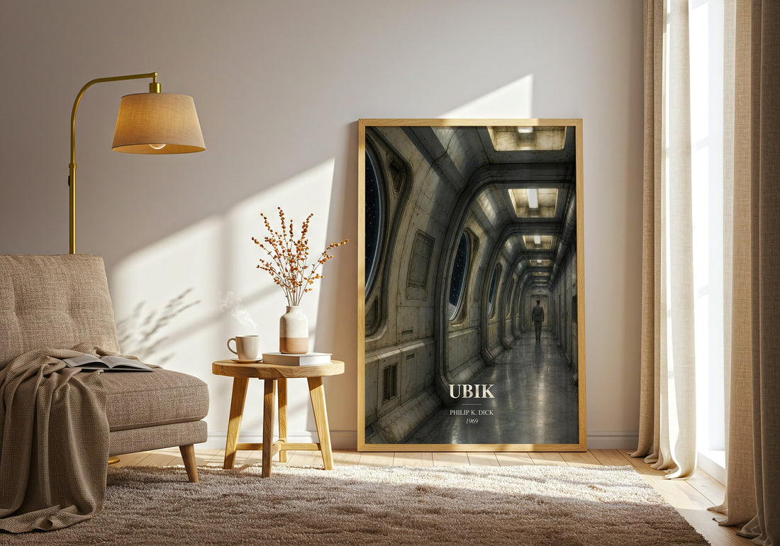 Ubik watercolour print in frame leaning in hallway – sci fi wall art (mockup)