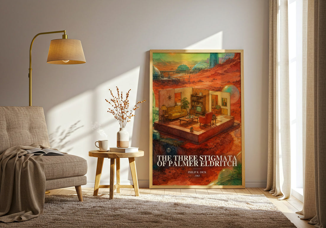The Three Stigmata of Palmer Eldritch watercolour print in frame leaning in hallway – sci fi wall art (mockup)