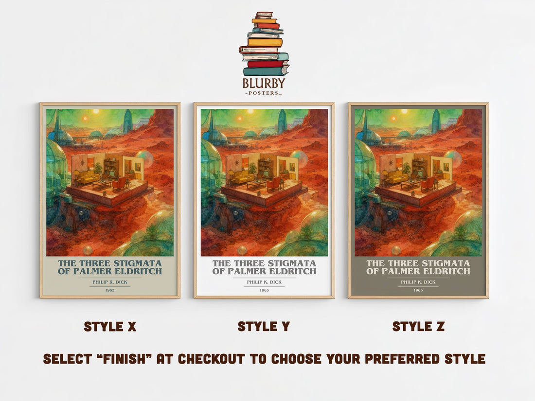 The Three Stigmata of Palmer Eldritch book cover print in frame leaning in hallway – sci fi wall art (mockup)