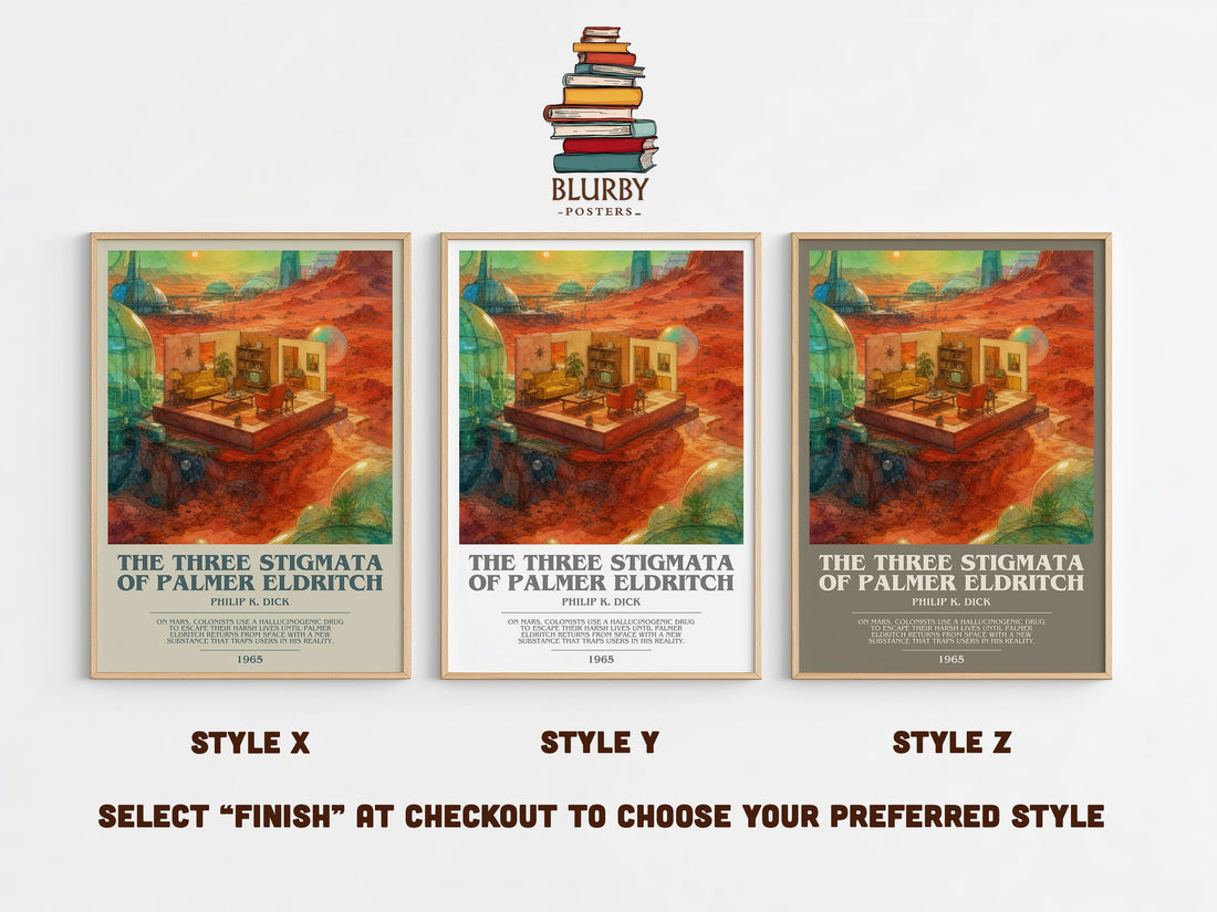 The Three Stigmata of Palmer Eldritch bookish print in frame leaning in hallway – sci fi wall art (mockup)
