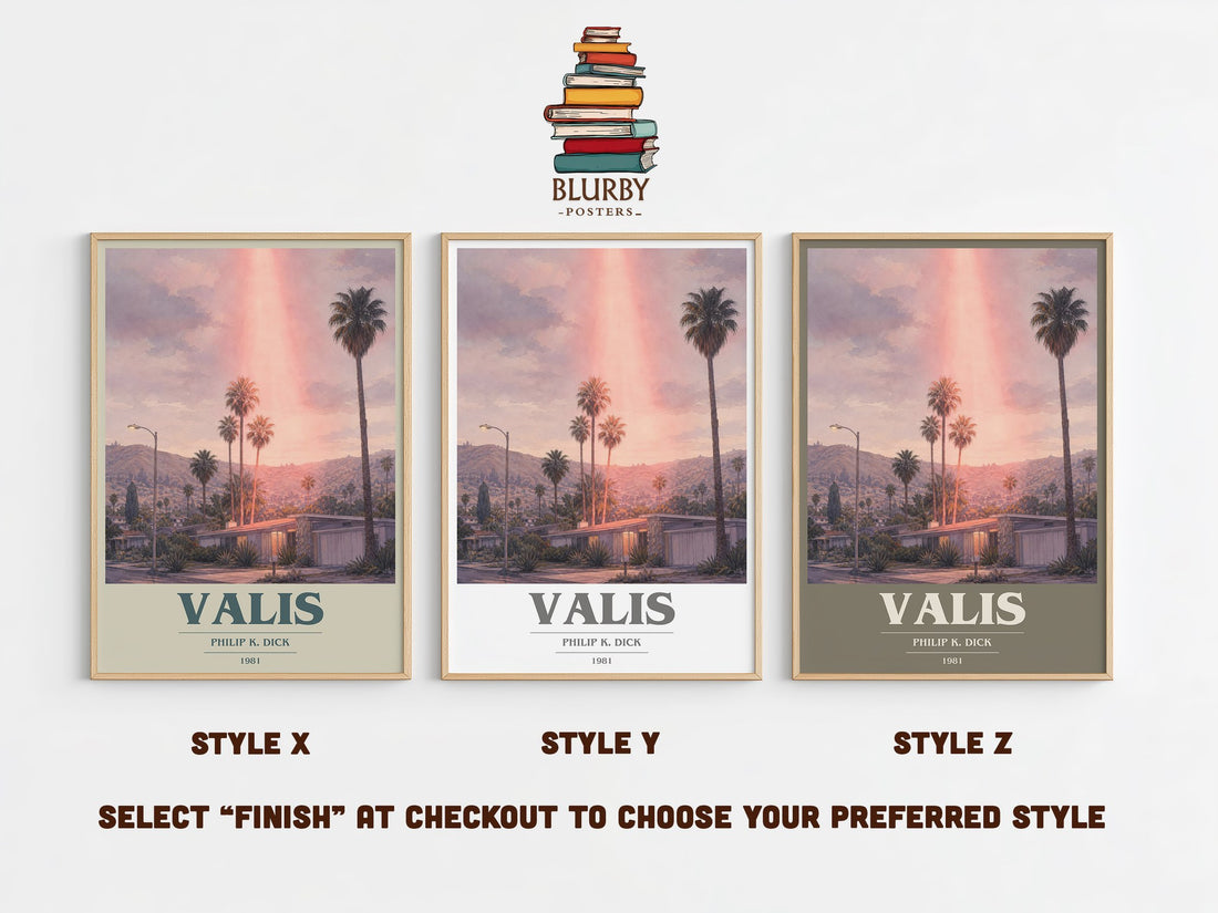 VALIS book cover print in frame leaning in hallway – sci fi wall art (mockup)