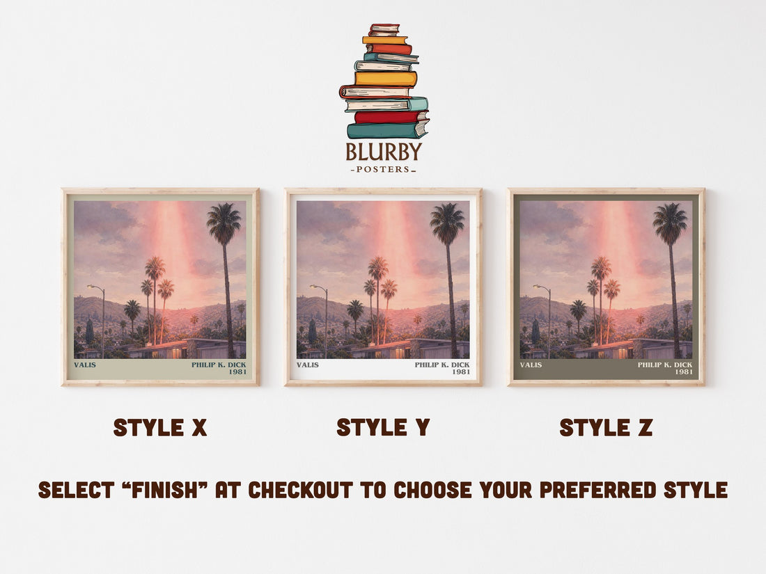VALIS literary print in frame leaning in hallway – sci fi wall art (mockup)