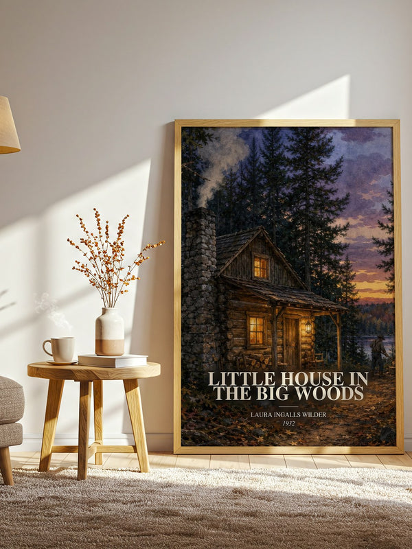 Little House in the Big Woods watercolour print in frame leaning in hallway – childrens wall art