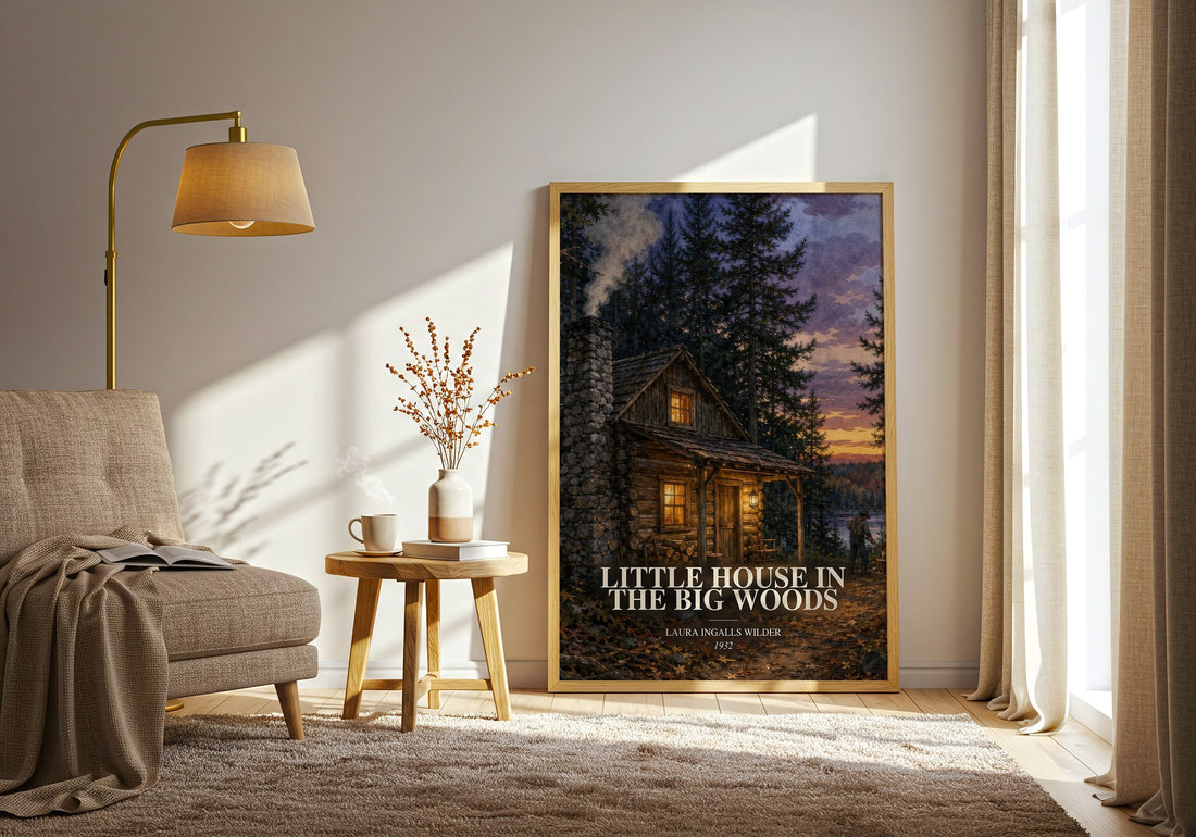 Little House in the Big Woods watercolour print in frame leaning in hallway – childrens wall art (mockup)