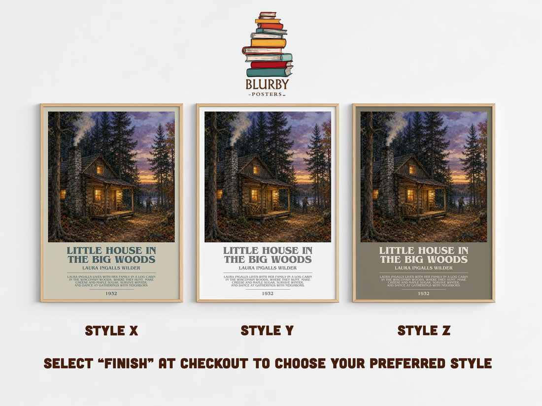 Little House in the Big Woods bookish print in frame leaning in hallway – childrens wall art (mockup)