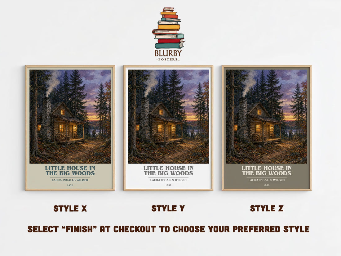 Little House in the Big Woods book cover print in frame leaning in hallway – childrens wall art (mockup)