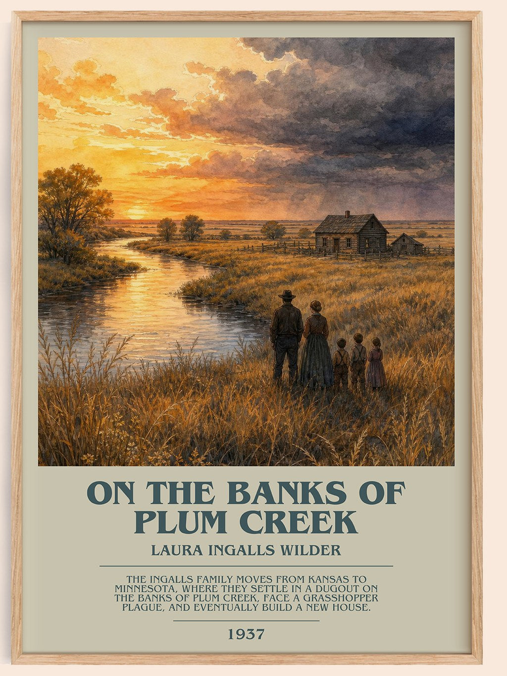 On the Banks of Plum Creek bookish book poster by Laura Ingalls Wilder – framed literary art print
