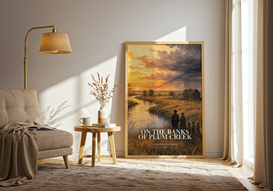 On the Banks of Plum Creek watercolour print in frame leaning in hallway – childrens wall art (mockup)