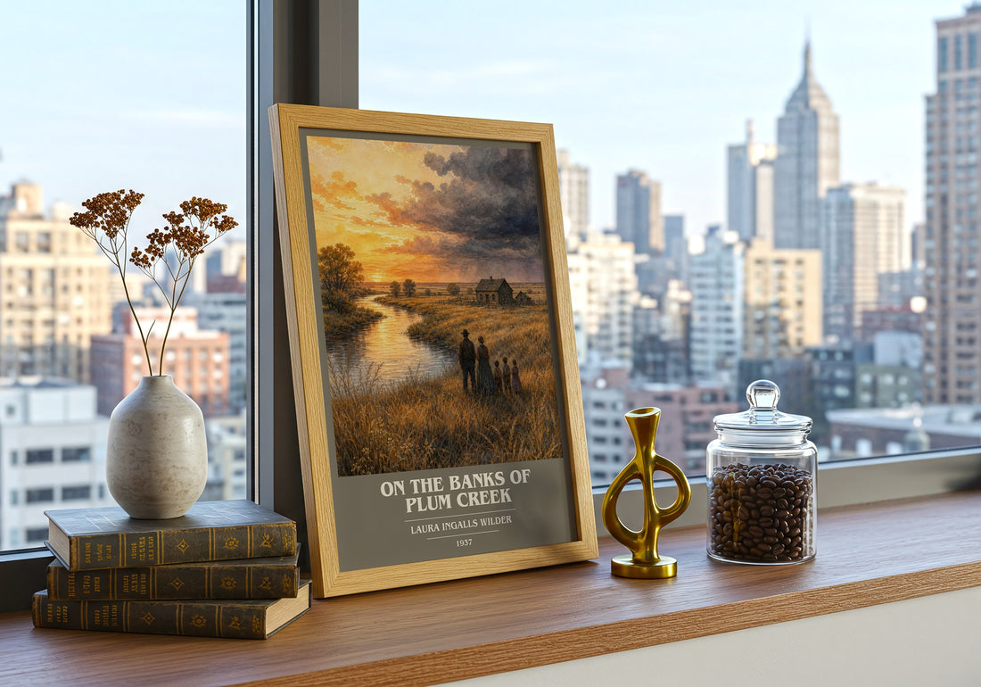 On the Banks of Plum Creek book cover print framed by window – literary home decor