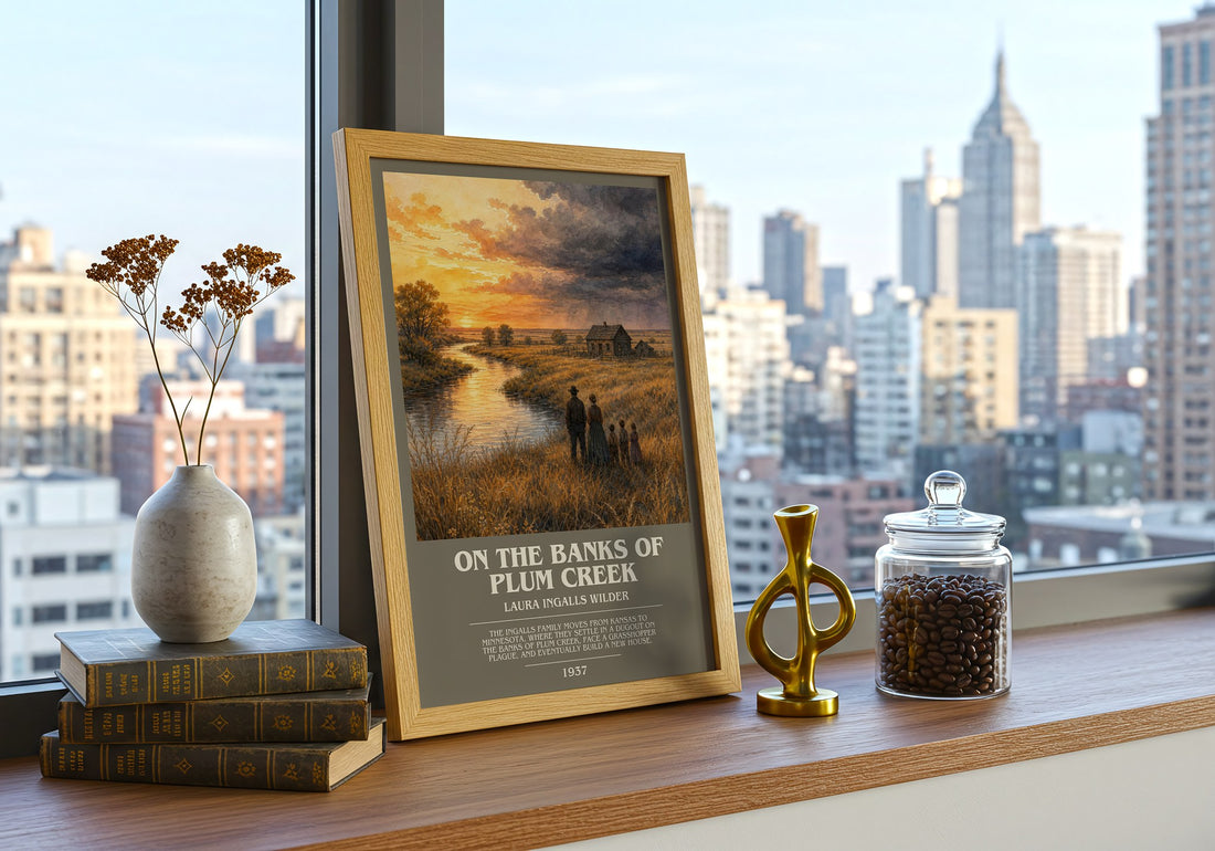 On the Banks of Plum Creek bookish print framed by window – literary home decor