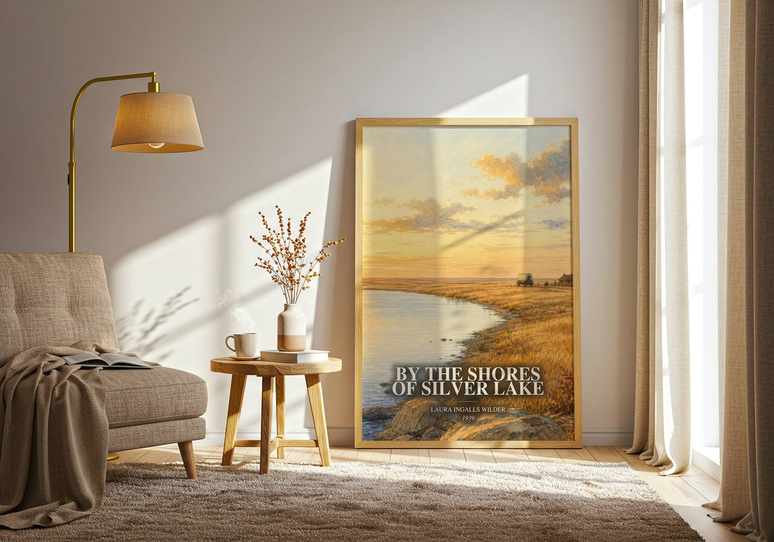 By the Shores of Silver Lake watercolour print in frame leaning in hallway – childrens wall art (mockup)