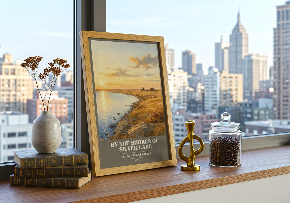 By the Shores of Silver Lake book cover print framed by window – literary home decor
