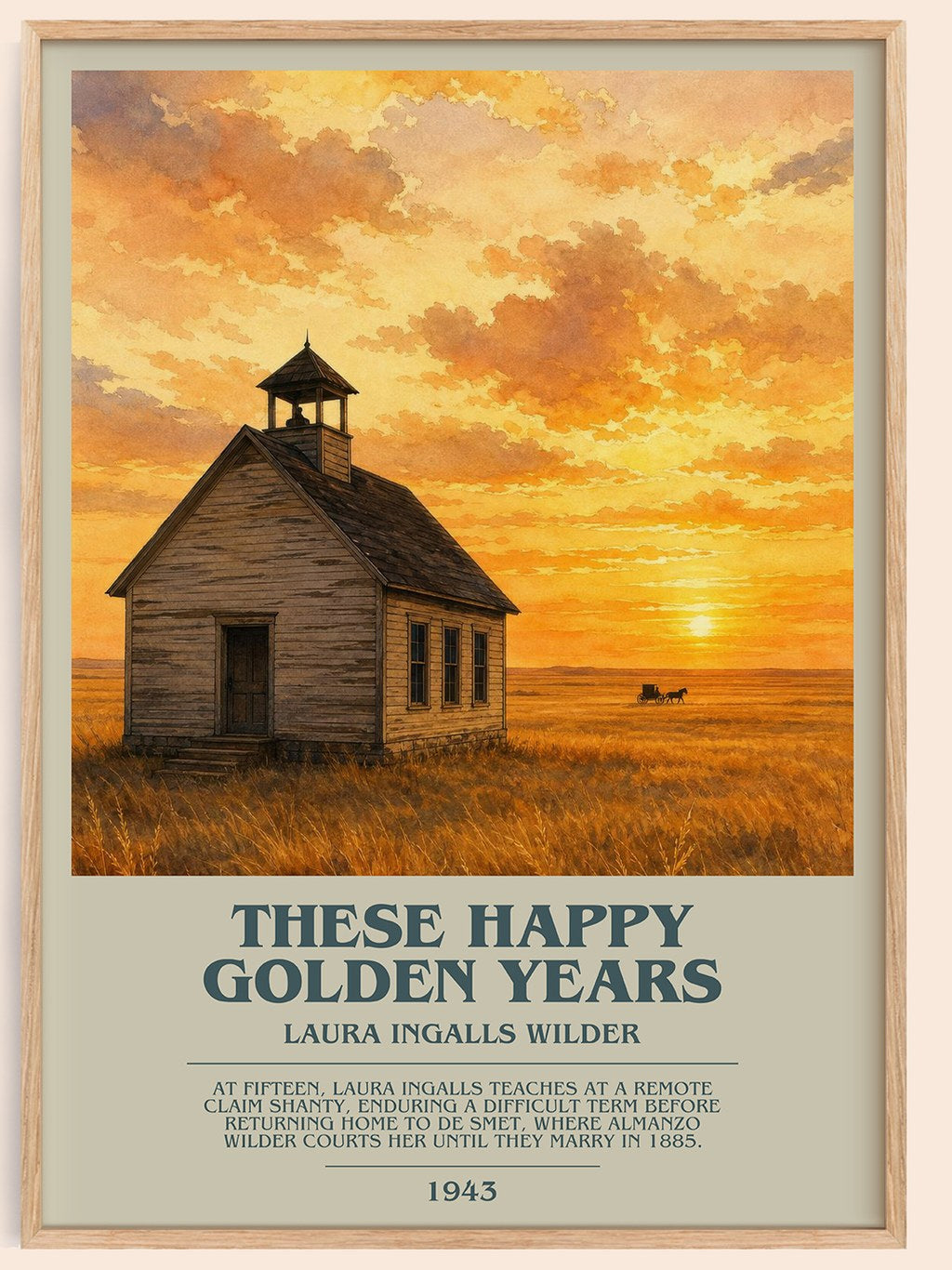 These Happy Golden Years bookish book poster by Laura Ingalls Wilder – framed literary art print