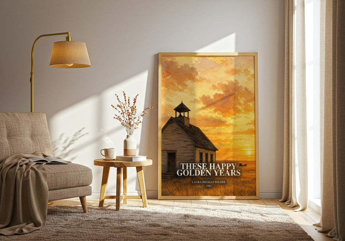 These Happy Golden Years watercolour print in frame leaning in hallway – childrens wall art (mockup)