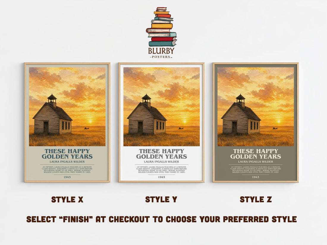 These Happy Golden Years bookish print in frame leaning in hallway – childrens wall art (mockup)