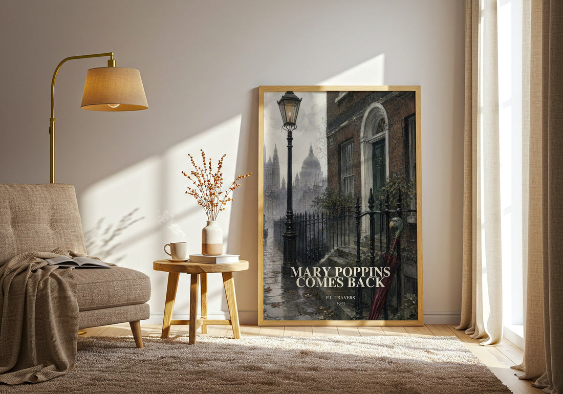 Mary Poppins Comes Back watercolour print in frame leaning in hallway – childrens wall art (mockup)