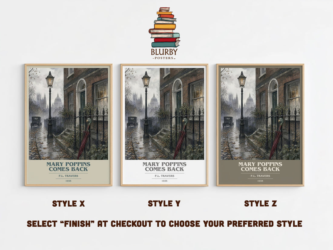 Mary Poppins Comes Back book cover print in frame leaning in hallway – childrens wall art (mockup)