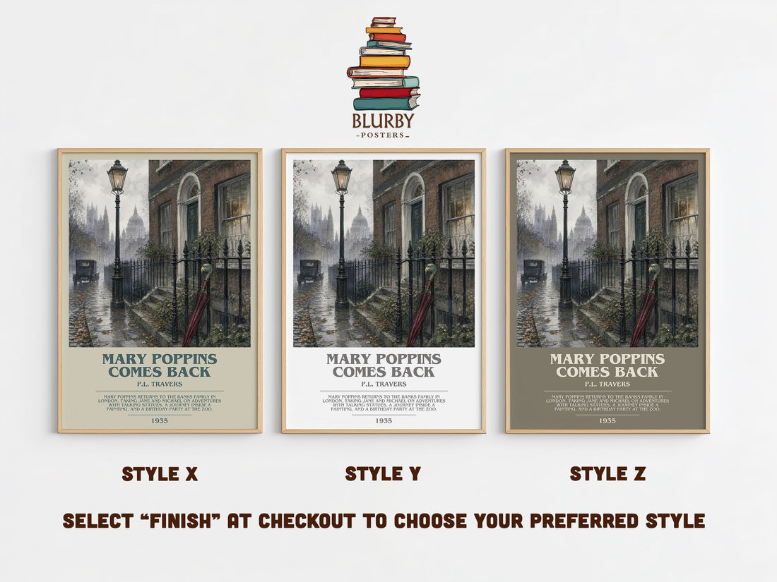 Mary Poppins Comes Back bookish print in frame leaning in hallway – childrens wall art (mockup)