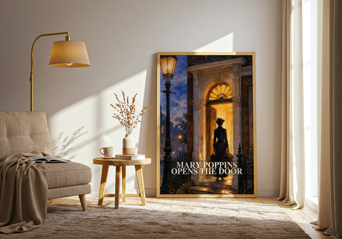 Mary Poppins Opens the Door watercolour print in frame leaning in hallway – childrens wall art (mockup)
