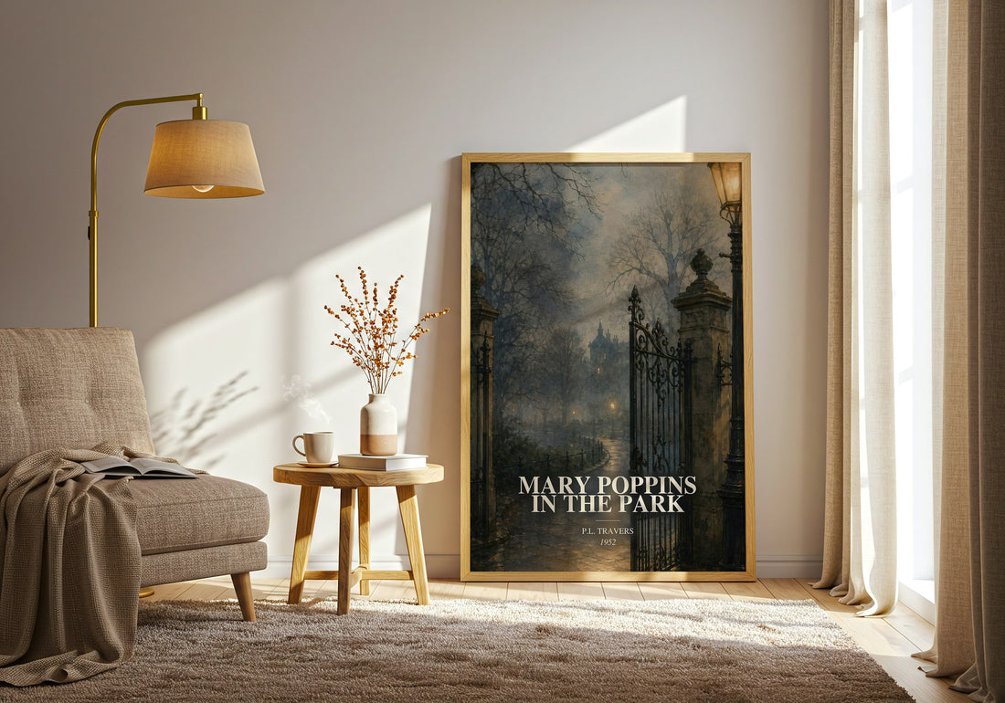 Mary Poppins in the Park watercolour print in frame leaning in hallway – childrens wall art (mockup)