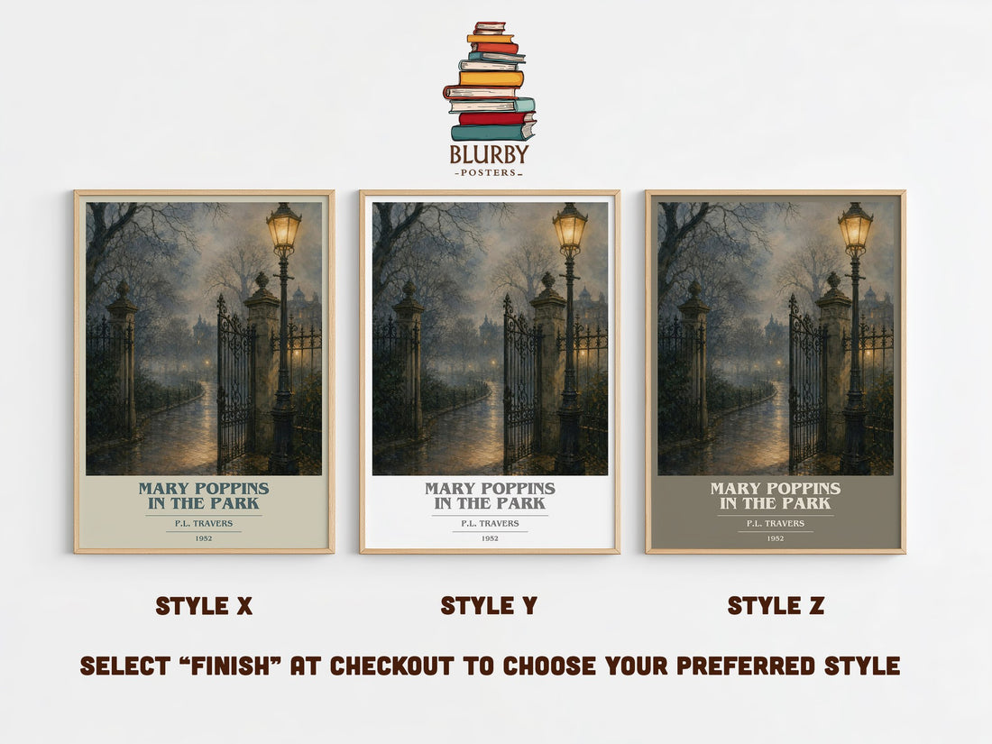 Mary Poppins in the Park book cover print in frame leaning in hallway – childrens wall art (mockup)