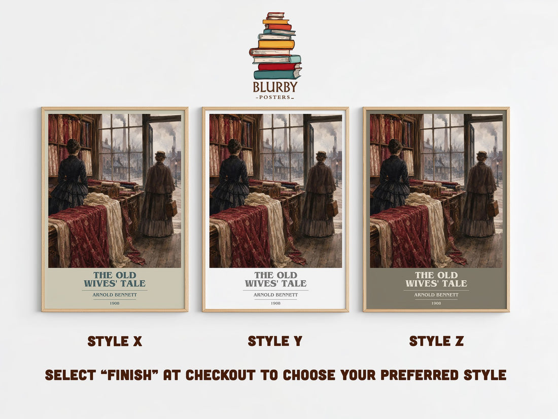 The Old Wives' Tale book cover print in frame leaning in hallway – literary fiction wall art (mockup)