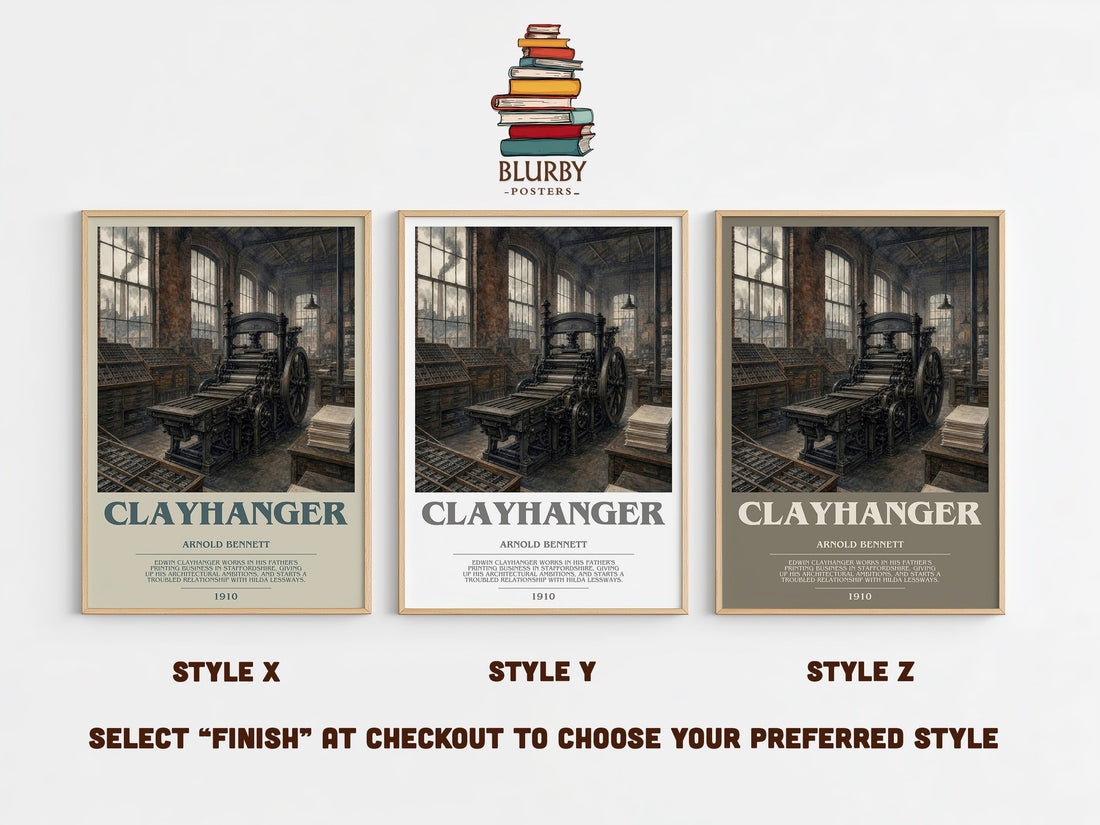Clayhanger bookish print in frame leaning in hallway – literary fiction wall art (mockup)