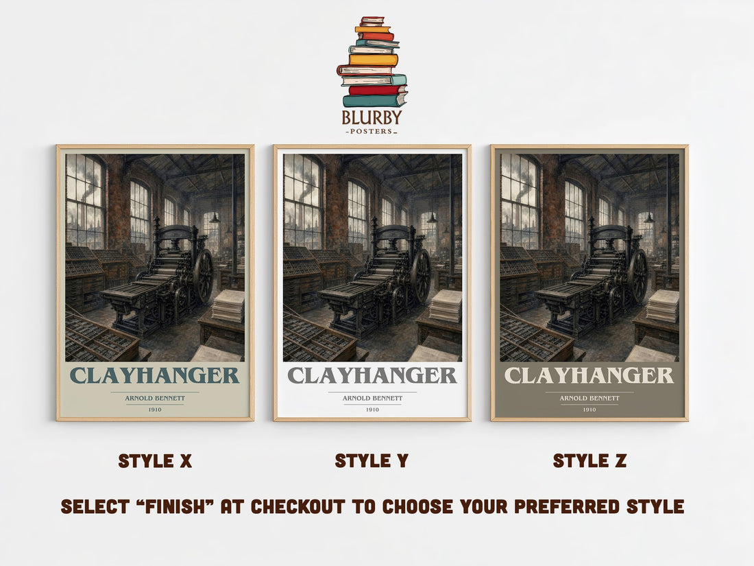 Clayhanger book cover print in frame leaning in hallway – literary fiction wall art (mockup)