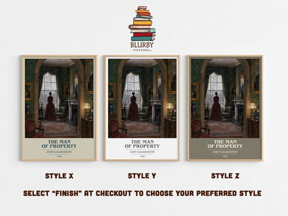The Man of Property book cover print in frame leaning in hallway – classic literature wall art (mockup)
