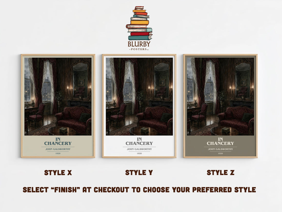 In Chancery book cover print in frame leaning in hallway – literary fiction wall art (mockup)
