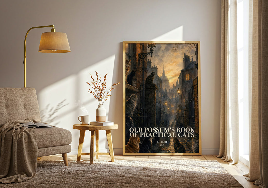 Old Possum's Book of Practical Cats watercolour print in frame leaning in hallway – poetry wall art (mockup)