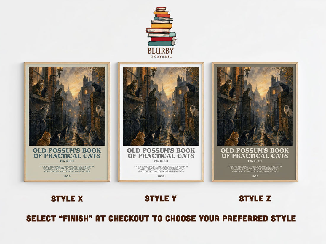 Old Possum's Book of Practical Cats bookish print in frame leaning in hallway – poetry wall art (mockup)