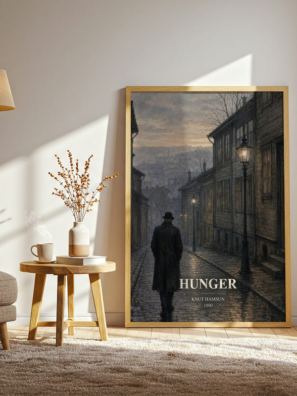 Hunger watercolour print in frame leaning in hallway – literary fiction wall art