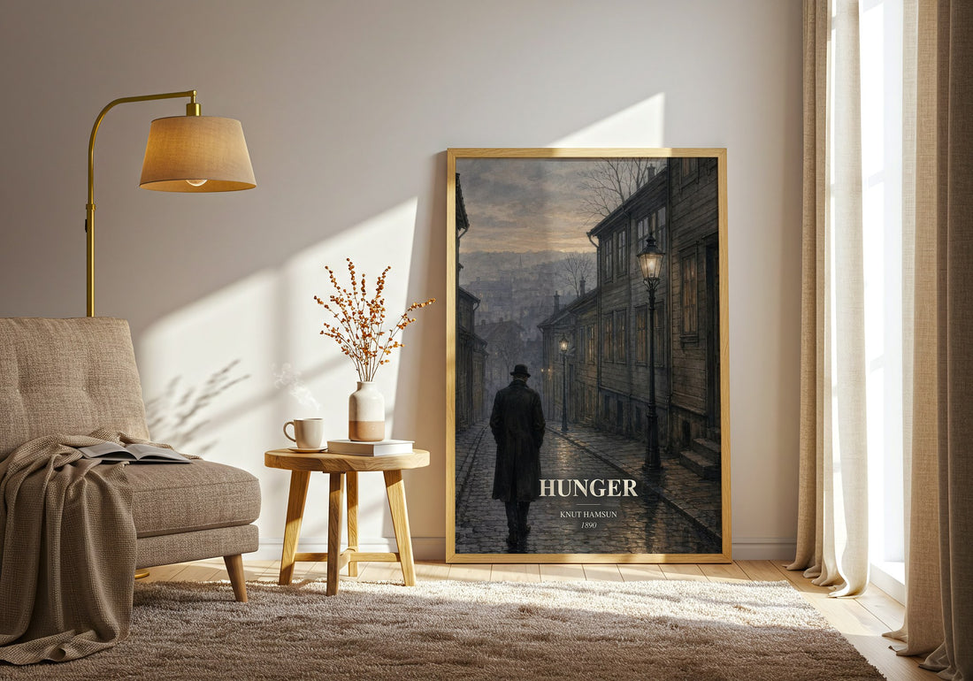 Hunger watercolour print in frame leaning in hallway – literary fiction wall art (mockup)