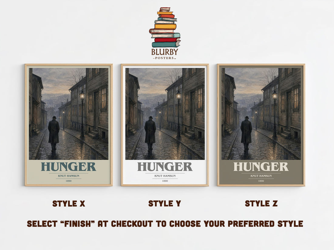 Hunger book cover print in frame leaning in hallway – literary fiction wall art (mockup)