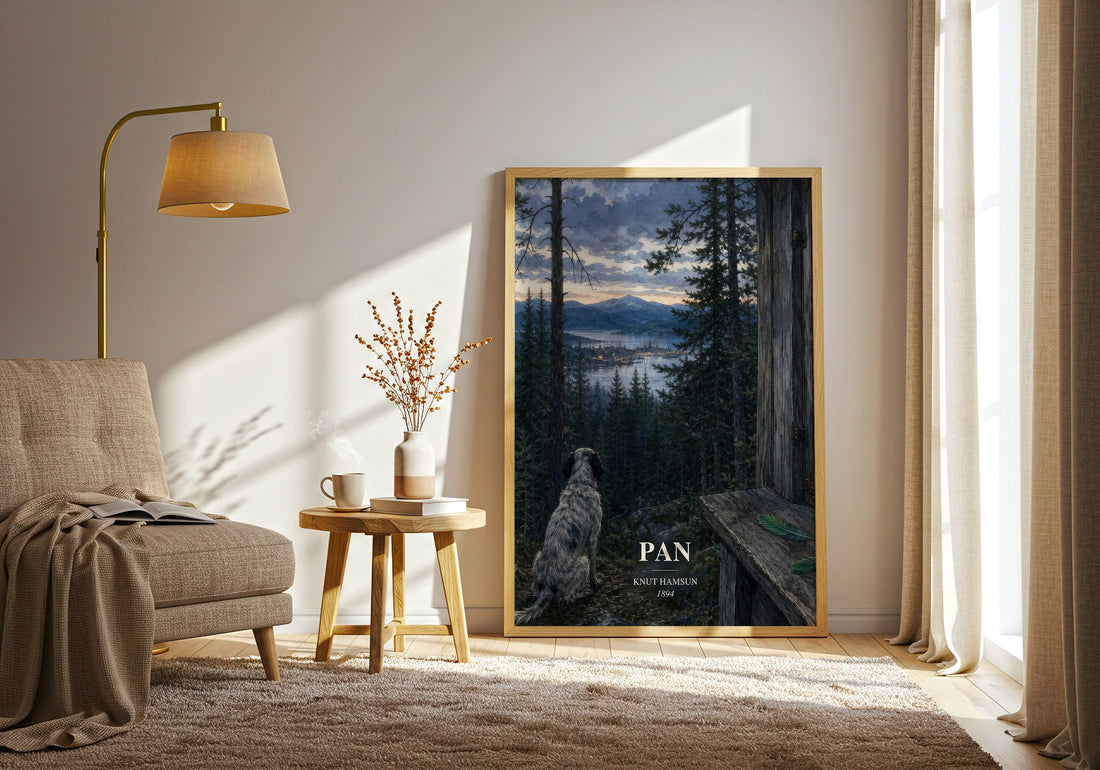 Pan watercolour print in frame leaning in hallway – literary fiction wall art (mockup)